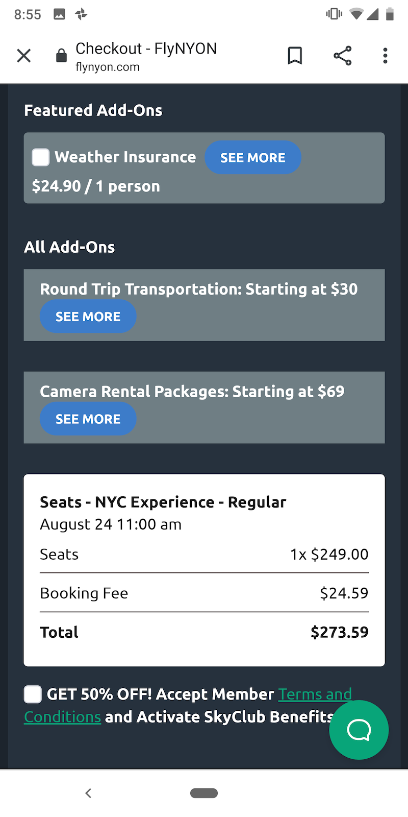 Total Cost (Flight + Fees) on flynyon.com